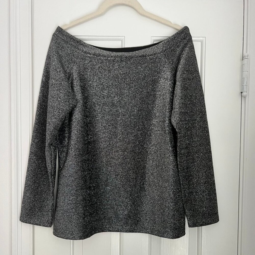 NWT Ann Taylor Factory Silver Shimmer Knit Boatneck Top SZ LP